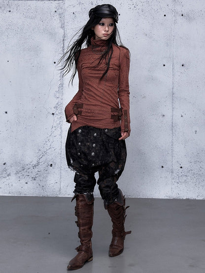 Jacquard Top with Brick Buckle Mock Accents Red Hem Neck Asymmetrical