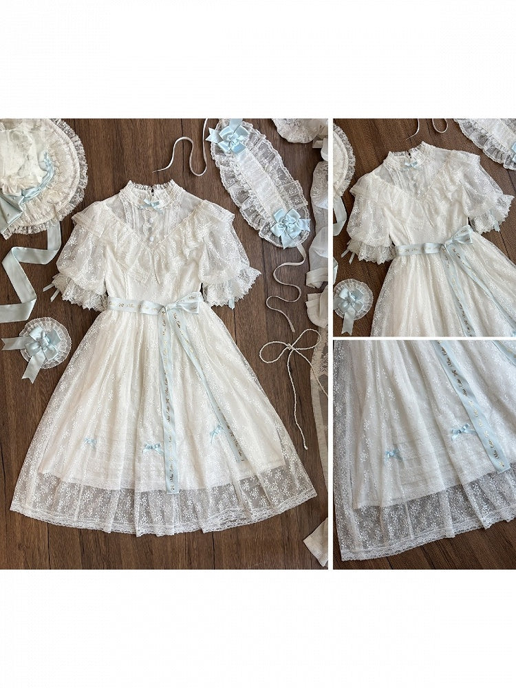 Blue and White Lolita OP Gown with Edward Collar, Sheer Lace and Ribbon Trims - Miss Cube Dressworks