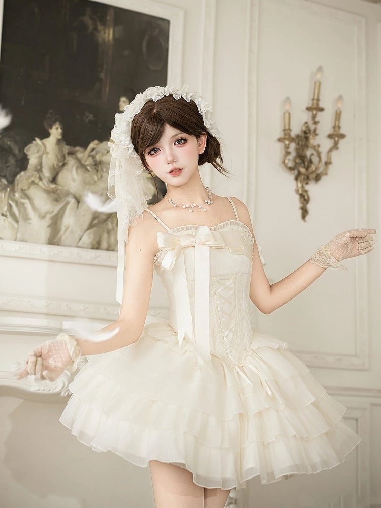 Boned Corset Waist Spaghetti Straps Dress Lolita JSK with Tiered Skirt - With PUJI