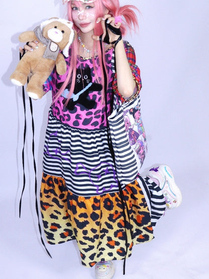 Ärmeldruck Rosa Puff Leopard Gyaru Modekleid