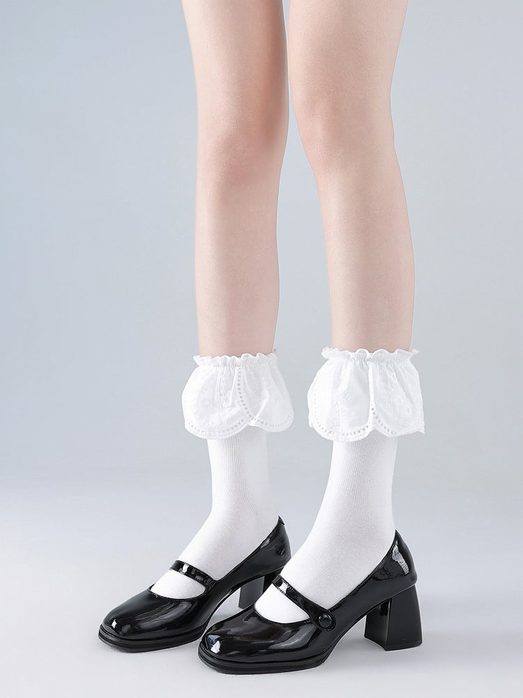 White/Black Lolita Ruffles Cutout Socks Lace Mid-Calf