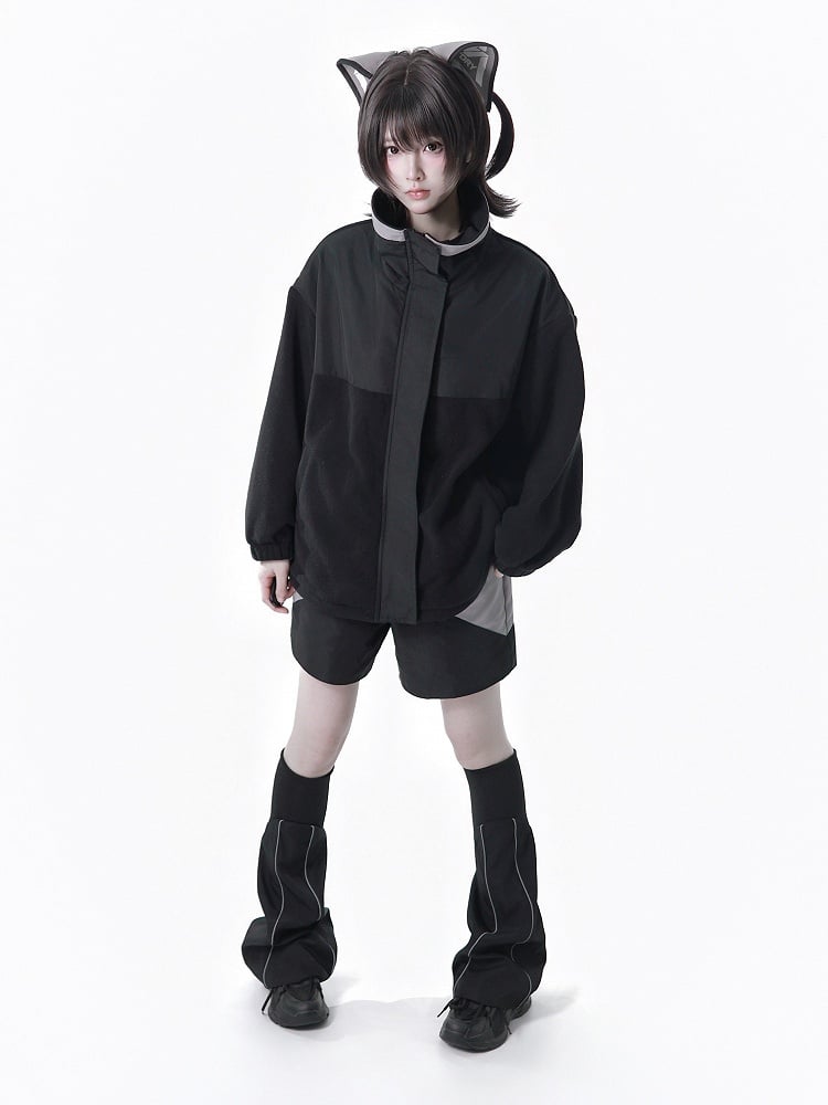 Kaiwai Matching Hooded Ear Warmers Cat Techwear - Full Clips Jacket + Two-Piece Leg Tenshi Cyberpunk Set Hair Blue Shorts