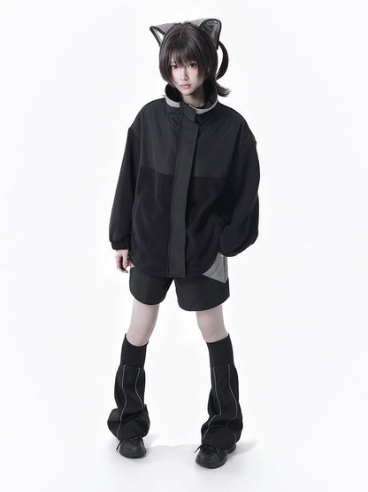 Kaiwai Matching Hooded Ear Warmers Cat Techwear - Full Clips Jacket + Two-Piece Leg Tenshi Cyberpunk Set Hair Blue Shorts