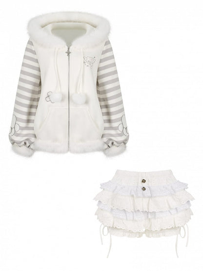 Otaku Embroidery White Hooded Jacket Moe - Gray Kitten