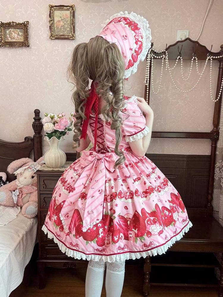 Set Erdbeerkleid Sweet Lolita Kurze Ärmel Volldruck Rosa