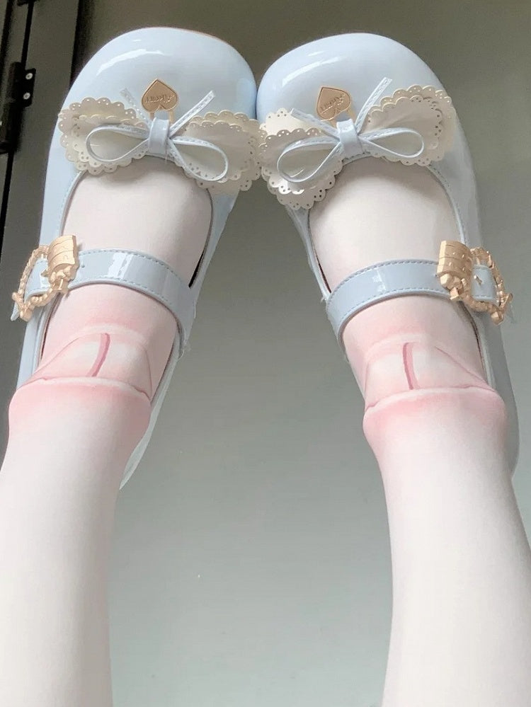 Schleife mit Design Cake Blue - Absatz Layered Lolita Schuhe Schnalle Pumps Light Low Cute