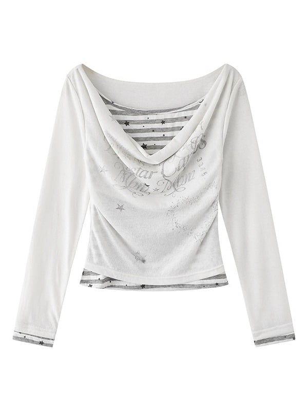 Black/White Cowl Neck Fake Two-Piece Long Sleeve Top with Stripes and Stars - Solkatt