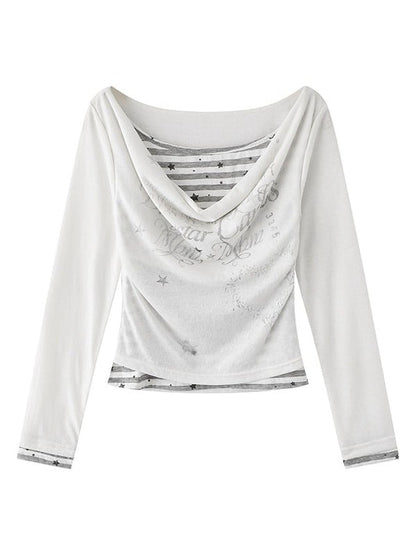 Black/White Cowl Neck Fake Two-Piece Long Sleeve Top with Stripes and Stars - Solkatt