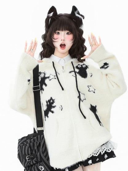 Hooded Kawaii Cat Jacket Patterns Star-shaped Zipper Knit Apricot/Grey Closure - Daily in