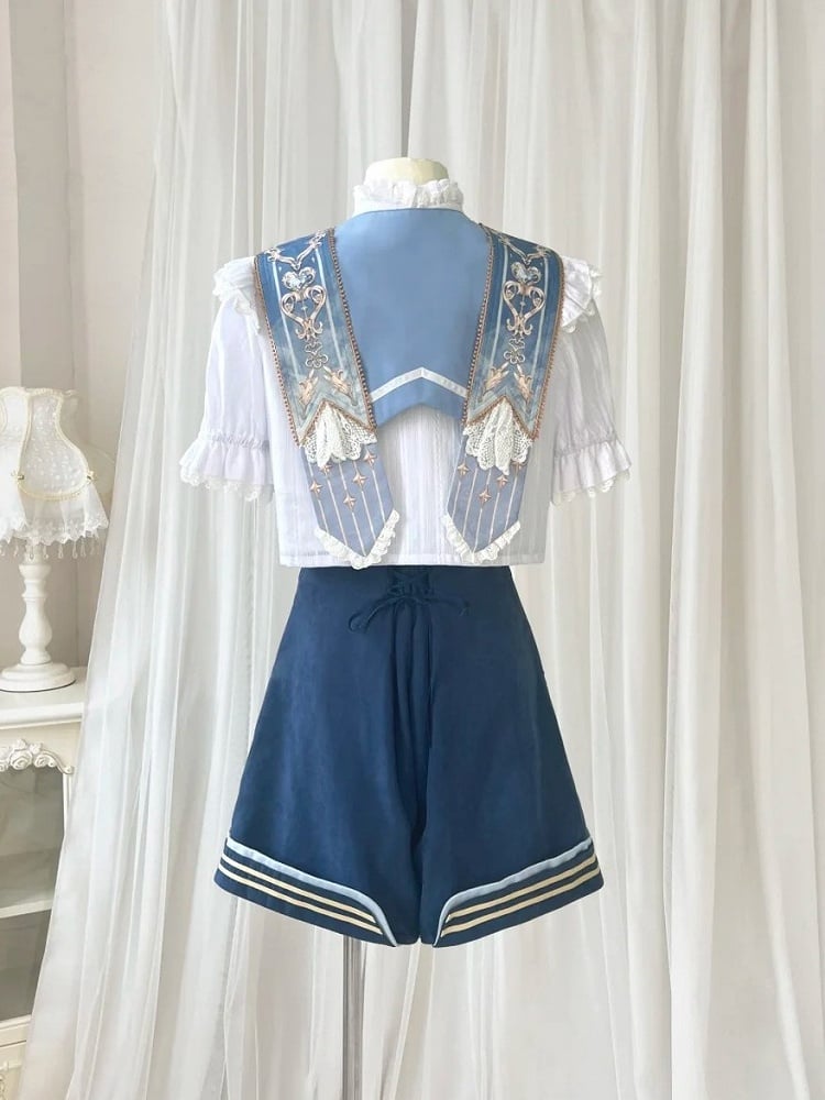 Detachable Lolita Ruffled Blue Shorts Ouji Shirt Set Warmers + Collar Dark Leg