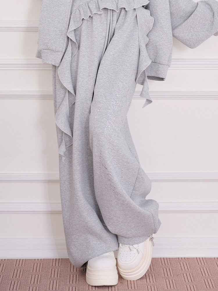 Gray Straight-Leg Pants with Rhinestone Embellishment - No Genki