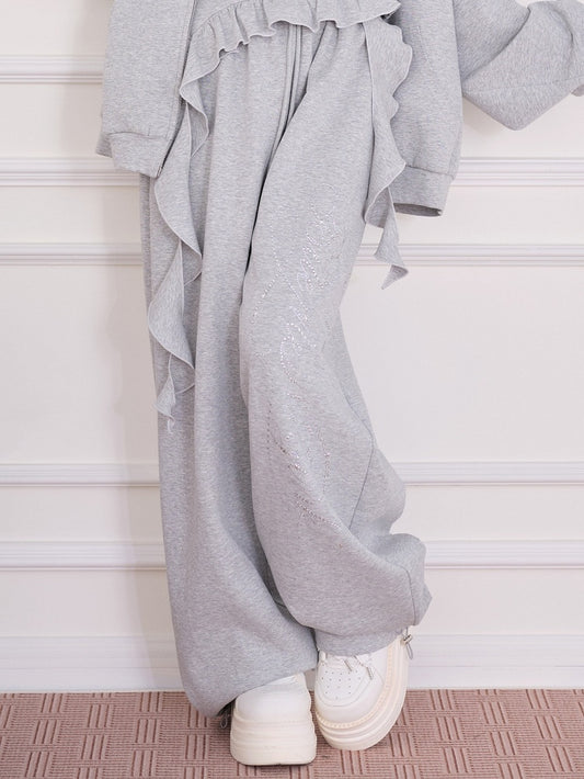 Gray Straight-Leg Pants with Rhinestone Embellishment - No Genki
