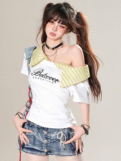 Striped Pattern White Asymmetrical Neckline Glamorous T-shirt Print Letter