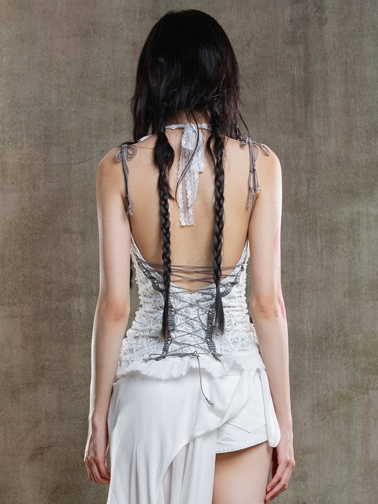 Punk Crisscross Cami Embroidered Floral with Lacing Top Beige Back Gothic