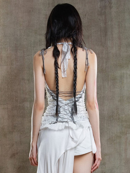 Punk Crisscross Cami Embroidered Floral with Lacing Top Beige Back Gothic