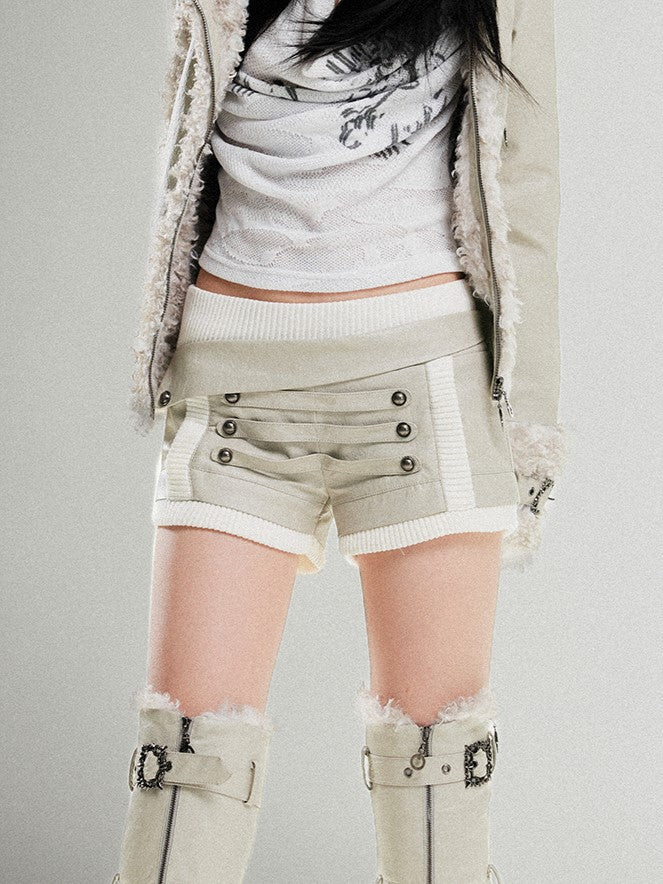 with White Textured Punk Studs Waist Metal PU Shorts Vinatge Gray Low-Rise Elastic