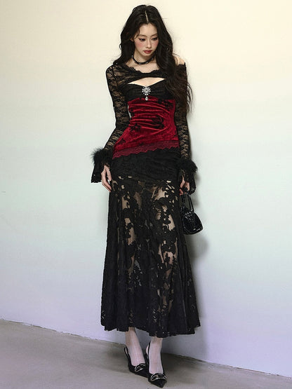 Black Asymmetrical Neckline Red Velvet Patchwork Semi-sheer Mermaid Skirt Dress Evening Gown