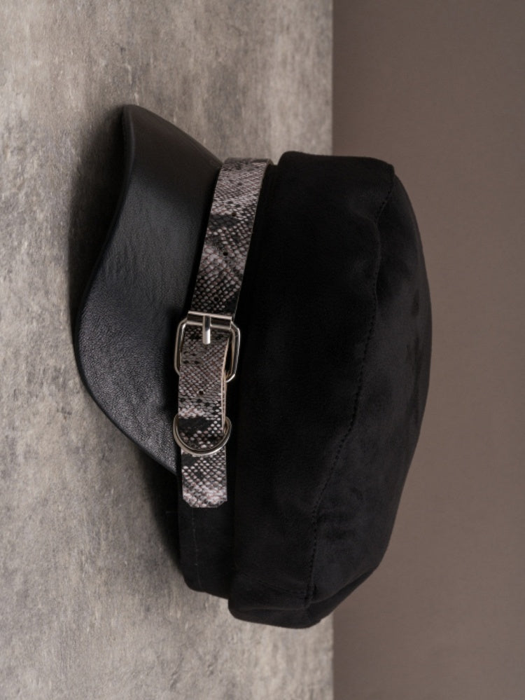 Buckle Gothic Pattern Design Black Snakeskin Beret Hat