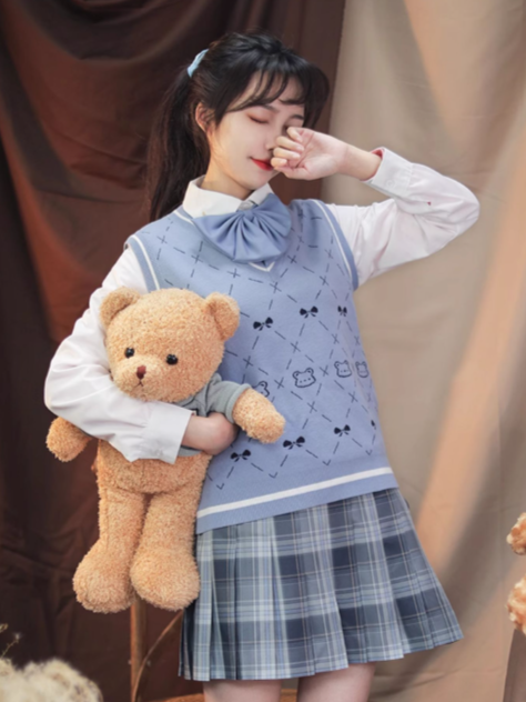 Preppy Pattern Teddy Knit and Blue Bear Bow with Print Diamond Vest