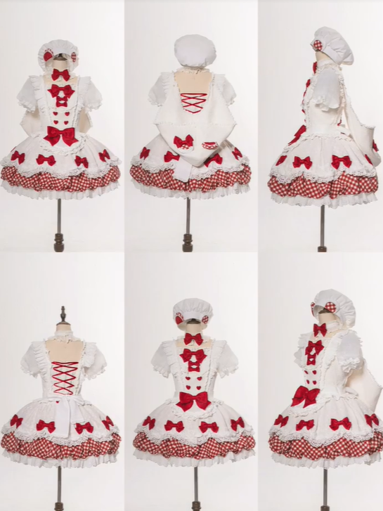 Red & White Sweet Plaid Lace Trim Bow Lolita OP with Apron - Asleep Townlet