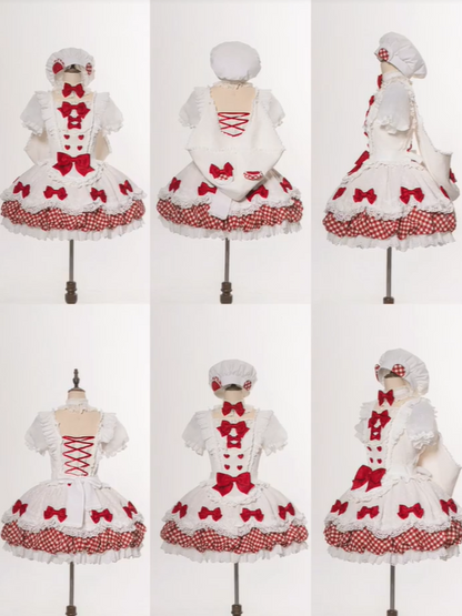 Red & White Sweet Plaid Lace Trim Bow Lolita OP with Apron - Asleep Townlet
