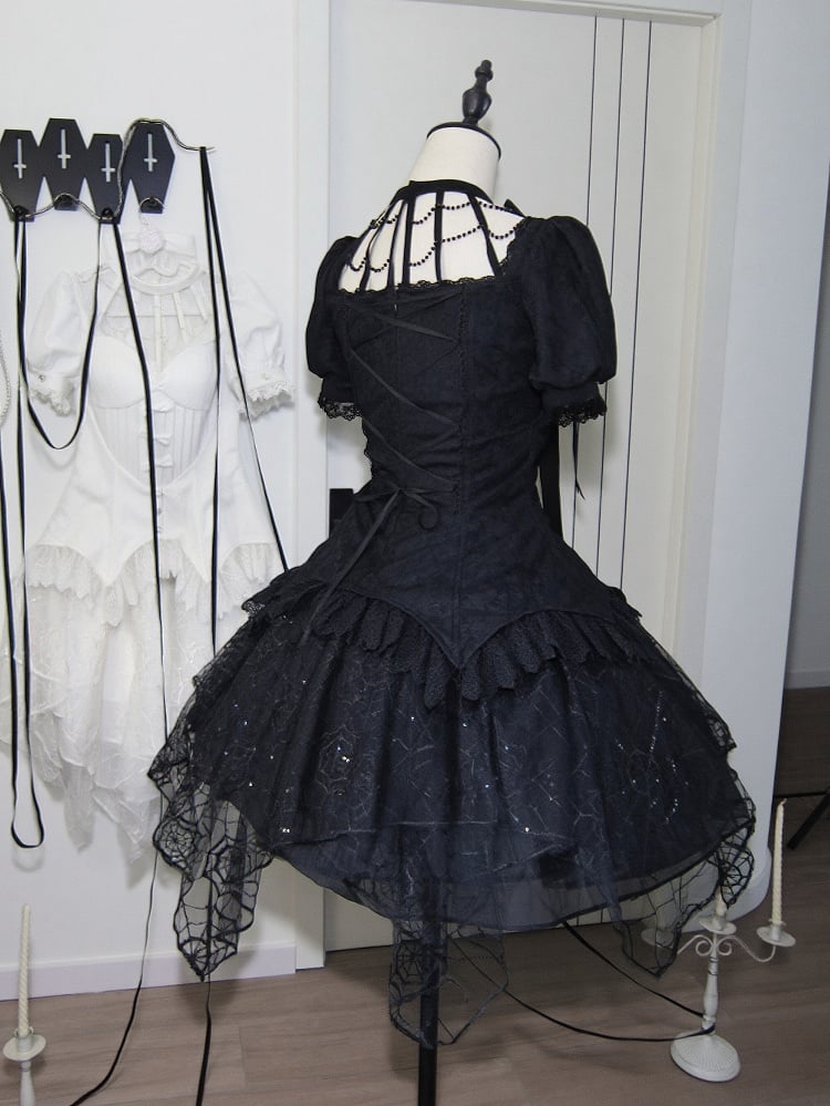 Alle Ärmel abnehmbare Stickerei kurzes Gothic-Top Hallow Spider + schwarzer Overlay Lolita Out Collar Web-Rock