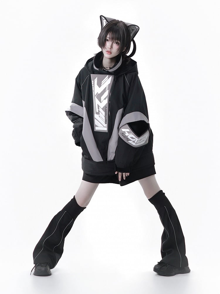 Kaiwai Cyberpunk Black - Two-Piece + Full Gray Leg Shorts Set Hair Clips Warmers Tenshi Techwear Cat Hooded Matching Jacket Ear