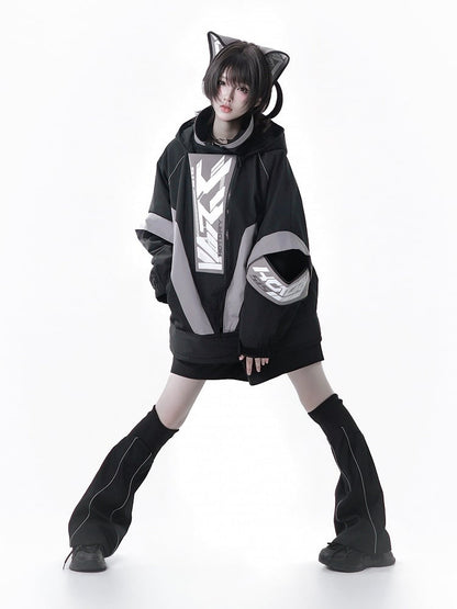 Kaiwai Cyberpunk Black - Two-Piece + Full Gray Leg Shorts Set Hair Clips Warmers Tenshi Techwear Cat Hooded Matching Jacket Ear