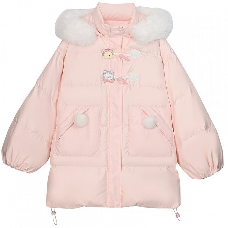Rosa Daunenmantel mit Kapuze und Plüschbesatz mit süßem Bären und Kätzchen