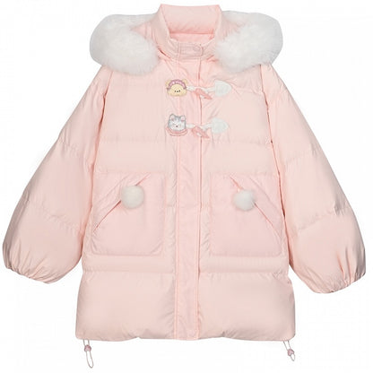 Rosa Daunenmantel mit Kapuze und Plüschbesatz mit süßem Bären und Kätzchen