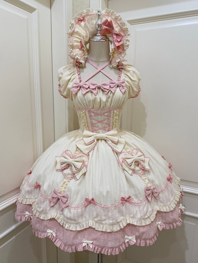 Scalloped Edge Scool Lolita Cotton Yellow Skirt Accents Pink Dress and Bow Old Trim