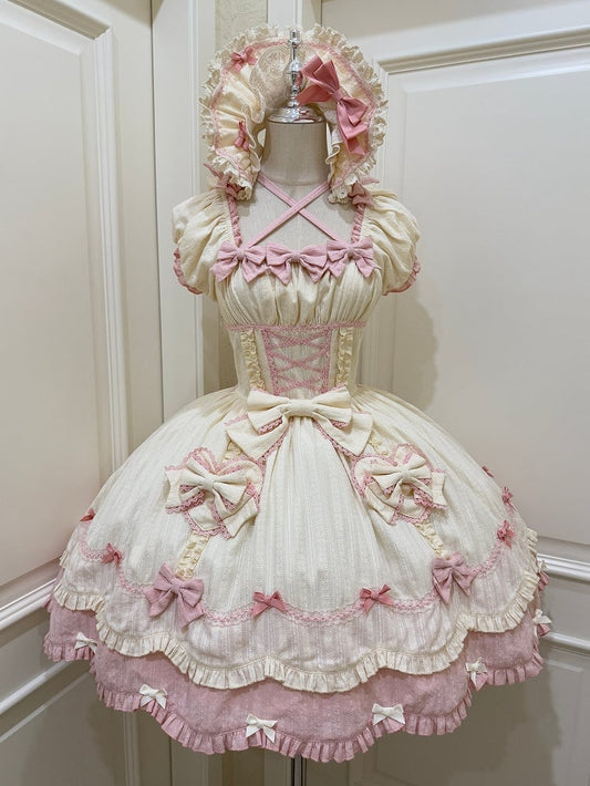 Scalloped Edge Scool Lolita Cotton Yellow Skirt Accents Pink Dress and Bow Old Trim
