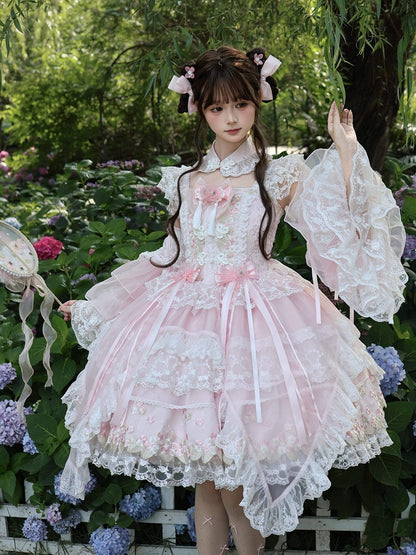 Chinoiserie Pink Lolita JSK with Lace, Choker & Full Set - White Sugar Girl