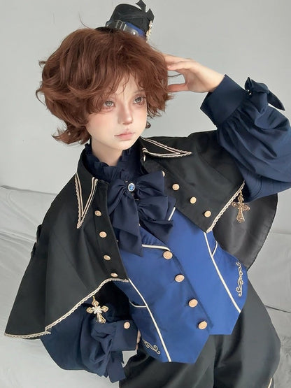 Black Ouji Lolita Cape Adorned with Cross Detailing - Castle Too