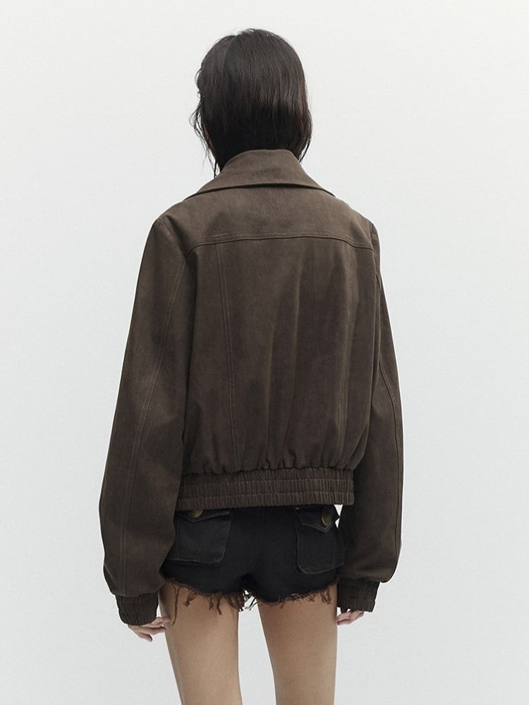 Buckle Vintage Mock Long Accents Brown Neck Sleeve Jacket -