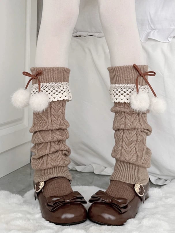 Pom-Pom with Sweet Leg Cable-Knit Warmers (Cozy Style) Brown Lace Accents Trim