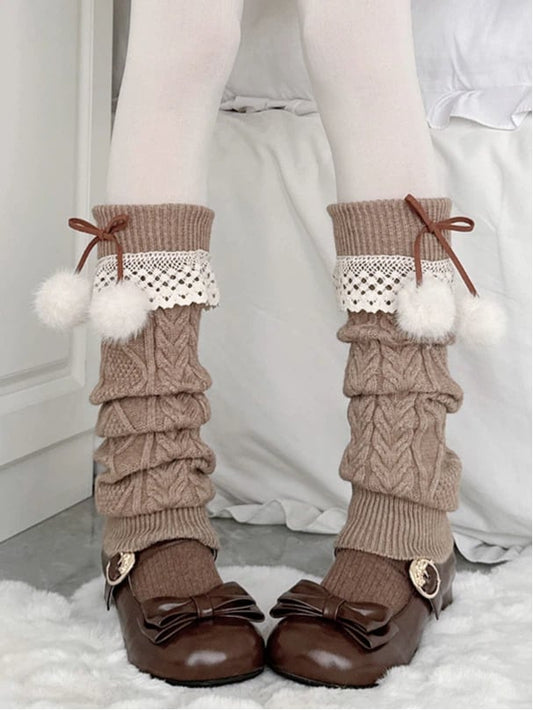 Pom-Pom with Sweet Leg Cable-Knit Warmers (Cozy Style) Brown Lace Accents Trim