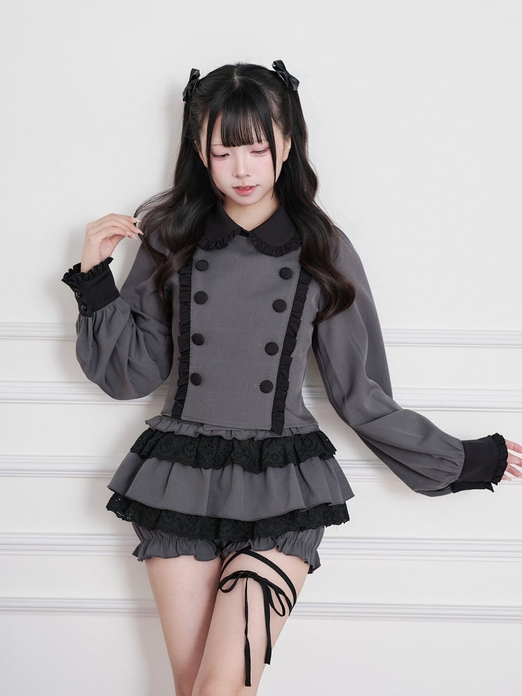 Black & Gray Jirai-Kei Peter Pan Collar Long-Sleeve Top, Double-Breasted & Ruffled - No Genki