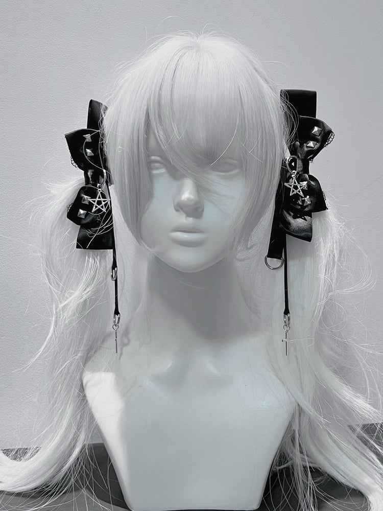 Bow Hairclips Black/Gray Punk Pentacle Kei Charm Studded Jirai