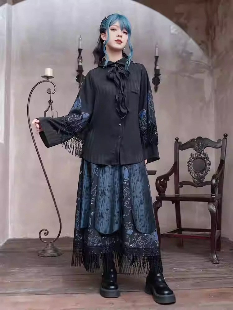 Style Skirt Overalls Straps Print Detachable Blue Jellyfish Black Tassel Hem with Cheongsam