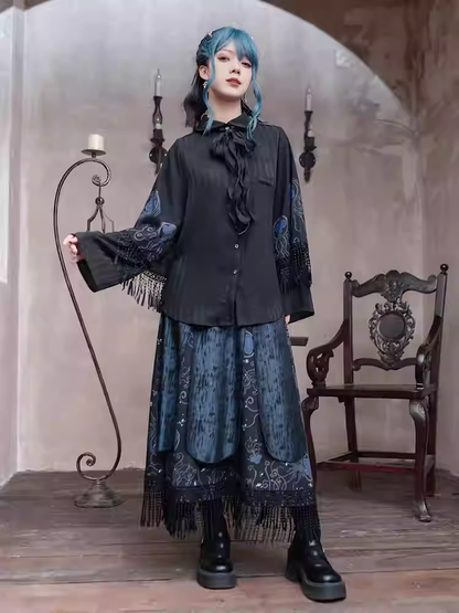 Style Skirt Overalls Straps Print Detachable Blue Jellyfish Black Tassel Hem with Cheongsam