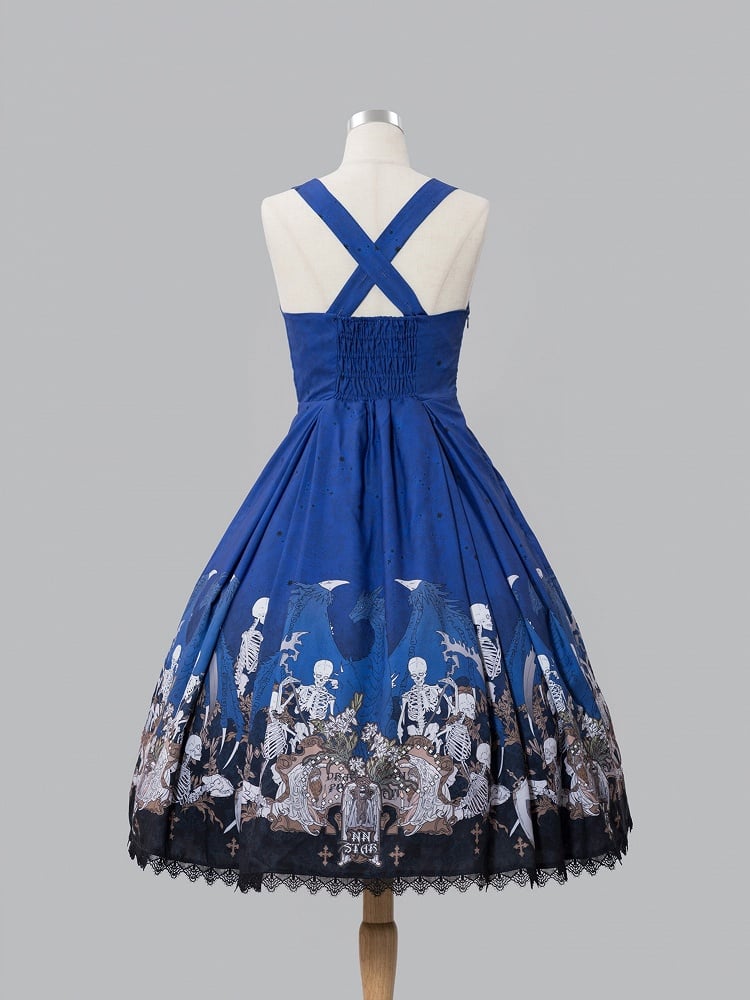 Blue Skeleton Cross Print Under Bust Gothic Lolita Dress with Black Lace Trim - NnSTAR