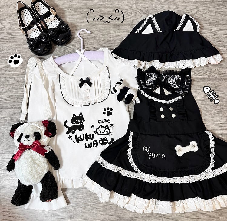 with Tiered Hat Cute Dress Ear Apron Detail Cat Alternative Suspender Black Detachable