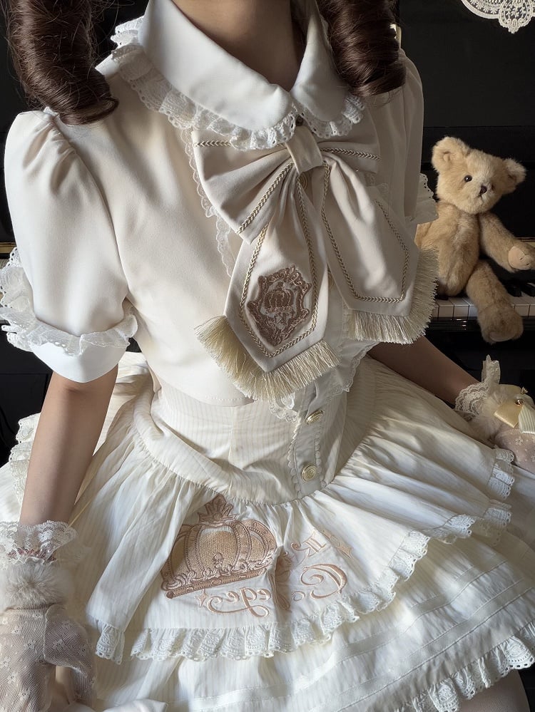 Beige Preppy Striped Two-Piece Gown with Crown Embroidery - Fairy Faith