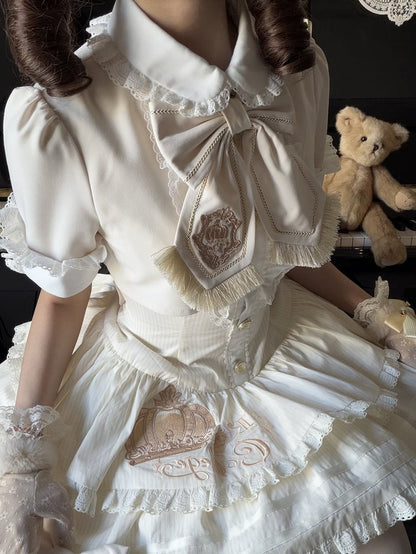 Beige Preppy Striped Two-Piece Gown with Crown Embroidery - Fairy Faith