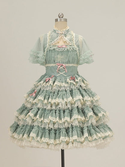 Lolita Dress Ruffles Embroidery Sweet Green and Goldfish Tiered Details Lace with