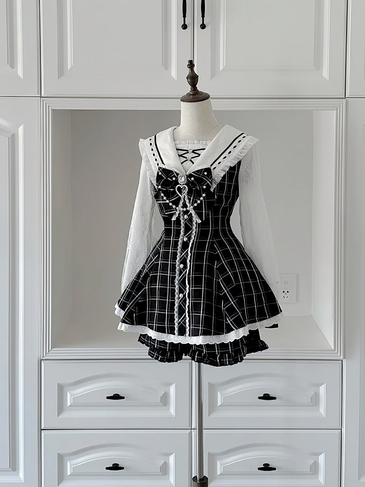 Jirai Collar Dress Beaded Tie Long Set Shorts Kei with - Black Mini Bow Plaid Sleeves and Sailor