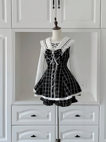 Jirai Collar Dress Beaded Tie Long Set Shorts Kei with - Black Mini Bow Plaid Sleeves and Sailor
