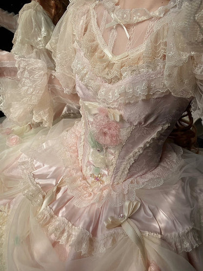 Entbeint Vollkorsett Hanayome Rosa Kleid JSK Floral Taille Prinzessin Lolita Set Fee