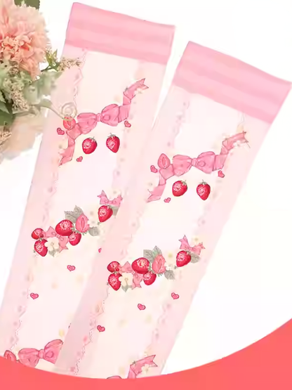 Pink Strawberry and Bow Print Lolita Over Knee Stockings